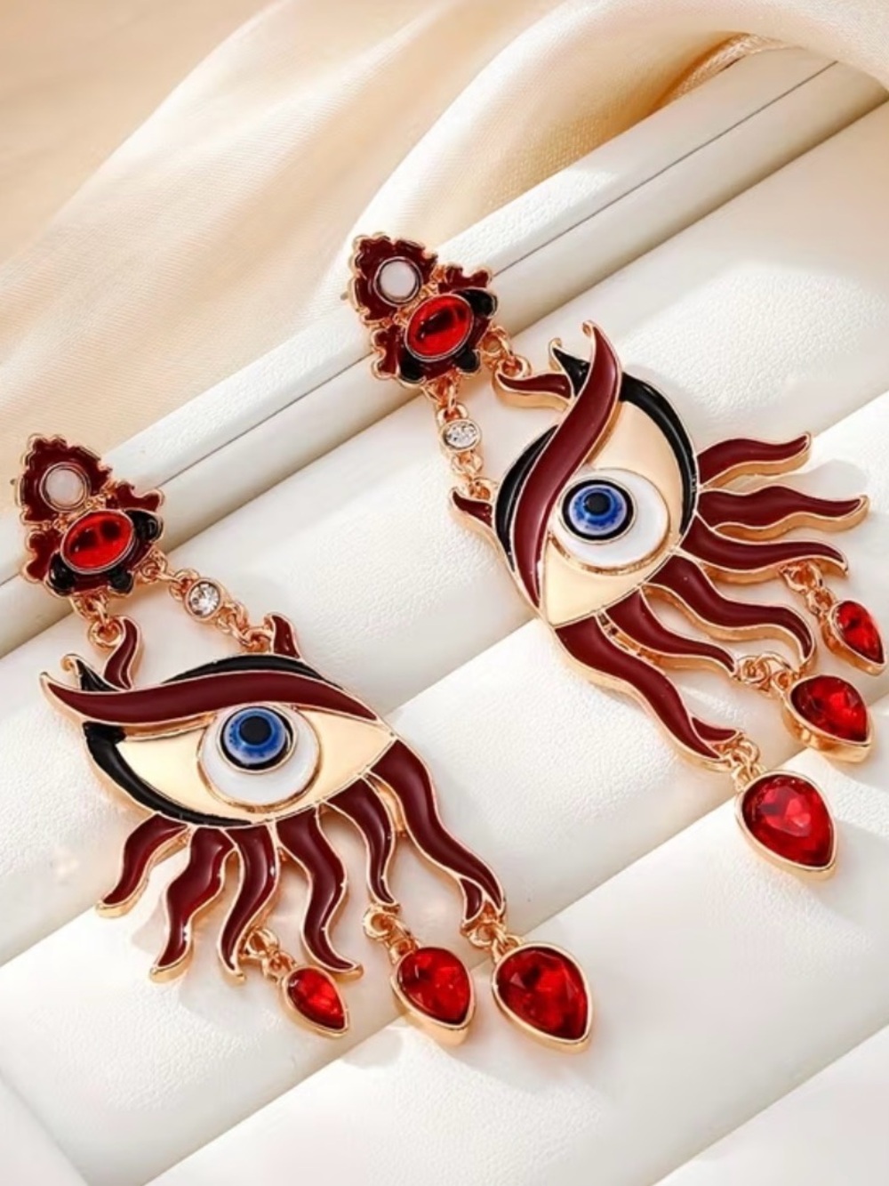 Schiaparelli Evil Eye Drop Earrings in Red and Blue - NWOT